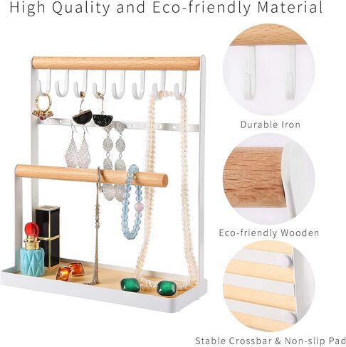 اوتوديكو منظم عرض المجوهرات من 4 طبقات، حامل مجوهرات يوضع على سطح الطاولة لتخزين القلائد والاساور والخواتم والاقراط والمفاتيح والساعات مع صينية خشبية، هدية رائعة للنساء، ابيض in Kuwait