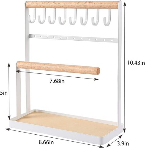 اوتوديكو منظم عرض المجوهرات من 4 طبقات، حامل مجوهرات يوضع على سطح الطاولة لتخزين القلائد والاساور والخواتم والاقراط والمفاتيح والساعات مع صينية خشبية، هدية رائعة للنساء، ابيض in Kuwait