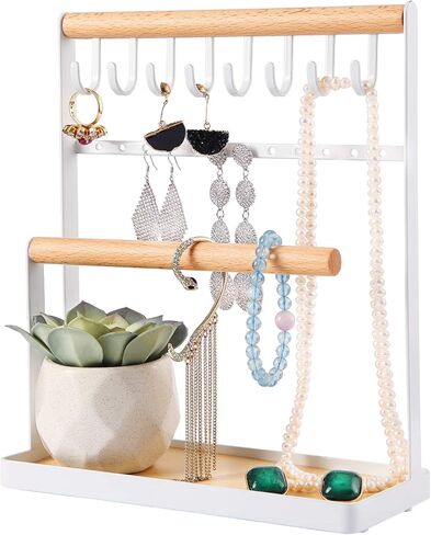اوتوديكو منظم عرض المجوهرات من 4 طبقات، حامل مجوهرات يوضع على سطح الطاولة لتخزين القلائد والاساور والخواتم والاقراط والمفاتيح والساعات مع صينية خشبية، هدية رائعة للنساء، ابيض in Kuwait