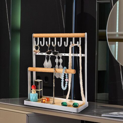 اوتوديكو منظم عرض المجوهرات من 4 طبقات، حامل مجوهرات يوضع على سطح الطاولة لتخزين القلائد والاساور والخواتم والاقراط والمفاتيح والساعات مع صينية خشبية، هدية رائعة للنساء، ابيض in Kuwait