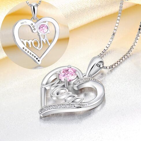 YL Mother's Day Gift Heart Necklace for Mom 925 Sterling Silver Love Heart Pendant Birthstones Jewelry for Women in Saudi Arabia