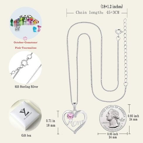 YL Mother's Day Gift Heart Necklace for Mom 925 Sterling Silver Love Heart Pendant Birthstones Jewelry for Women in Saudi Arabia