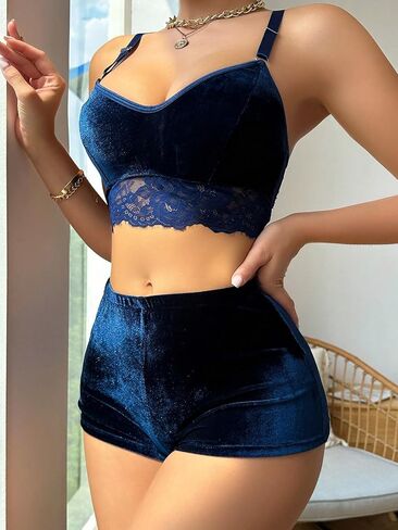 طقم ملابس داخلية نسائية من COZYEASE مكون من قطعتين من الدانتيل المخملي وملابس نوم متوسطة الارتفاع in Saudi Arabia