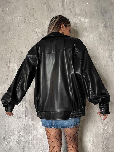 MakeMeChic Women's Faux Leather Jacket Casual Long Sleeve Collar Zip Up PU Leather Jacket Coat in Saudi Arabia