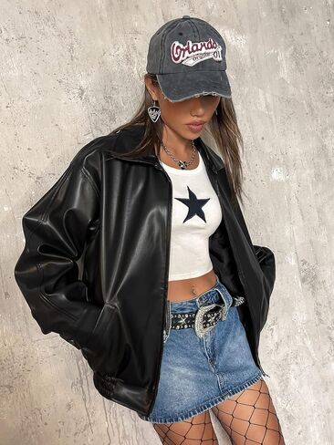 MakeMeChic Women's Faux Leather Jacket Casual Long Sleeve Collar Zip Up PU Leather Jacket Coat in Saudi Arabia