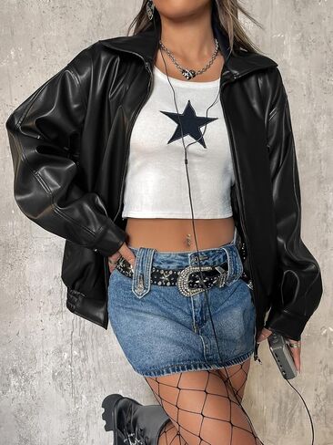MakeMeChic Women's Faux Leather Jacket Casual Long Sleeve Collar Zip Up PU Leather Jacket Coat in Saudi Arabia