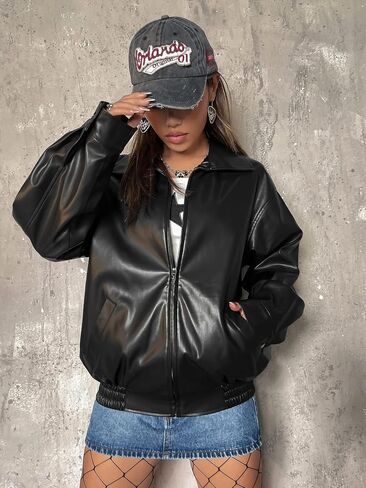 MakeMeChic Women's Faux Leather Jacket Casual Long Sleeve Collar Zip Up PU Leather Jacket Coat in Saudi Arabia