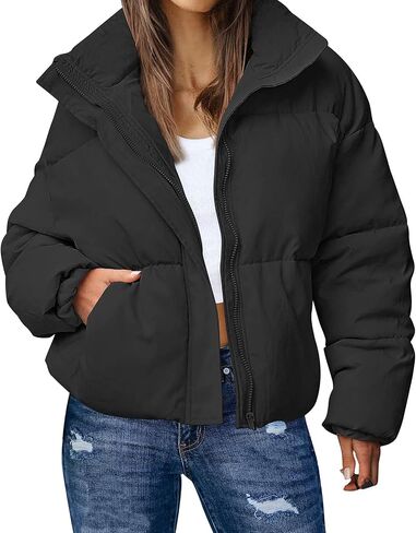 Gihuo Women's Winter Warm Stand Collar Puffer Jacket Zip Up Short Quilted Jacket Outerwear(Black-L) in Saudi Arabia