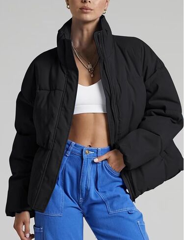 Gihuo Women's Winter Warm Stand Collar Puffer Jacket Zip Up Short Quilted Jacket Outerwear(Black-L) in Saudi Arabia