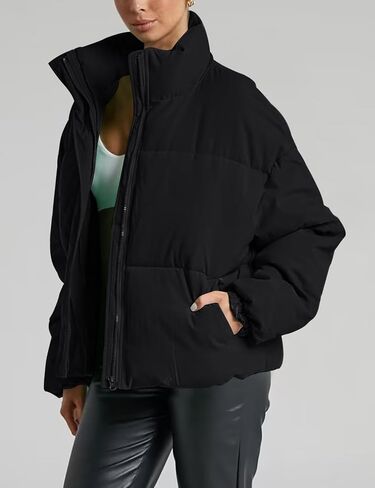 Gihuo Women's Winter Warm Stand Collar Puffer Jacket Zip Up Short Quilted Jacket Outerwear(Black-L) in Saudi Arabia