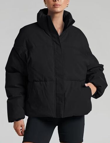 Gihuo Women's Winter Warm Stand Collar Puffer Jacket Zip Up Short Quilted Jacket Outerwear(Black-L) in Saudi Arabia