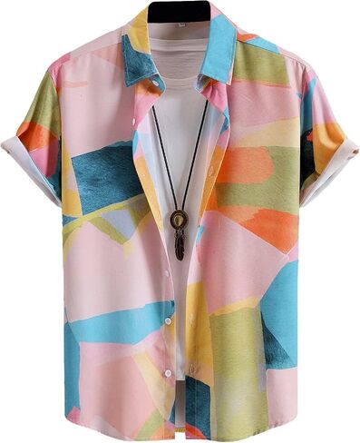 GORGLITTER Men's Geometric Color Block Summer Shirt Button Down Short Sleeve Regular Fit Shirt in Saudi Arabia
