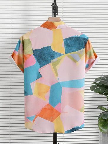 GORGLITTER Men's Geometric Color Block Summer Shirt Button Down Short Sleeve Regular Fit Shirt in Saudi Arabia