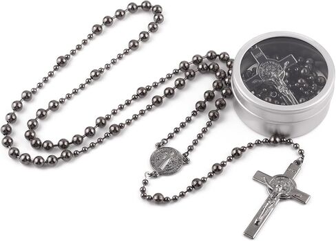 مسبحة Luomu من الفولاذ المقاوم للصدأ 6 مم، قلادة مسبحة بسلسلة طويلة 21 بوصة مع صندوق هدايا معدني من مايكل/عذراء للرجال والنساء in Kuwait