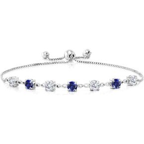 Gem Stone King 925 Sterling Silver Round White Moissanite and Blue Created Sapphire Tennis Bracelet For Women (2.37 Cttw, Gemstone Birthstone, Round 4.5MM, Fully Adjustable Up to 9 Inch)