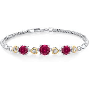 Gem Stone King 925 Sterling Silver and 10k Yellow Gold Red Created Ruby and White Lab Grown Diamond Bracelet For Women (3.63 Cttw, Round 7MM and 6MM, 6.5/7/7.5 Inch, Made In Italy)