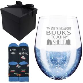 Fathers Day Gifts for Book Lover, When I Think about Books I Touch My Shelf Blue Glitter Etched Wine Glass, Presents for Women Men in Kuwait
