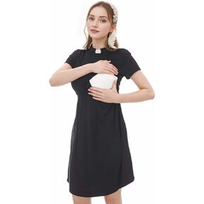 Maternity Nursing Dress for Church Clergy Women Short Sleeve Tiered Nursing Breastfeeding Dress with Tab Collar