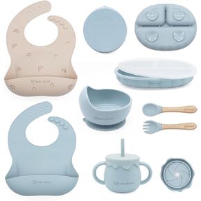Silicone Baby Feeding Set 6+ Months Baby Led Weaning Utensils with Adjustable Bibs, Suction Bowl, Suction Plate, Baby Spoon and Fork, Snack Cup with Straw and Lid (Blue)