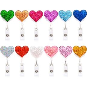 12 Pack Bling Heart Retractable Badge Reel, ID Badge Holder with Alligator Clip, Lightweight, 24" Easy Retracting Cord