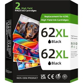 خرطوشة حبر سوداء 62XL لحبر HP 62 62XL حبر طابعة أسود أسود عالي الإنتاجية مناسب لطابعة Envy 7640 7645 5660 5661 5642 5540 لطابعة OfficeJet 8045 8040 5746 5745 5740 5740 258 250 200 (2 أسود)