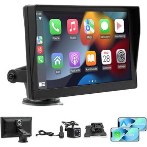 9 Inch Carplay Screen with 2.5K Dash Cam, Portable Carplay with Apple Carplay & Android Auto, Car Radio Audio Receivers with Bluetooth/Mirror Link/FM/AUX, 1080p Rear Camera for All Cars