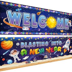 2 Pcs Classroom Welcome Banner Poster Outer Space Classroom Motivational Banner Decor Space Classroom Bulletin Board Set with Adhesive Dot for School Office Home Wall Decor