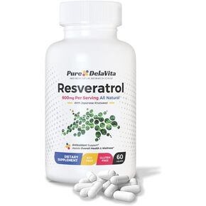 Resveratrol Supplement with Antioxidants, Anti Aging, Heart & Immune Health 600mg per Serving, 60 Capsules, Japanese Knotweed, Gluten & Soy Free