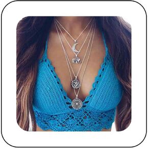 Multi-layer Long Necklace Vintage Boho Moon Elephant Pendant Necklace Layered Disc Statement Necklace Clavicle Chain Jewelry for Women and Girls