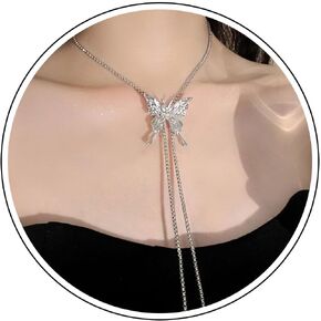 Long Lariat Necklaces for Women Silver Butterfly Drop Y Necklace Dainty Butterfly Pendant Sliding Necklace Adjustable Box Link Chain Y Necklace Jewelry for Women Girls