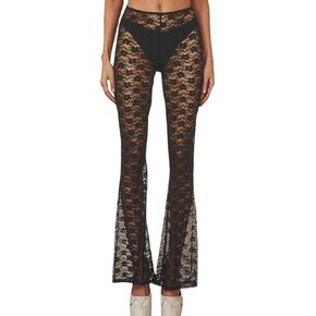Women's Black Floral Lace Bell Bottom See Through Elastic Hollow Out Sheer Mesh Leg Cover Up Costume Flare Pants