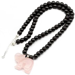 ElisaJewelryArt - Elephant Rose Quartz Pendant Natural Black Onyx Beaded Necklace Genuine Gemstone Feeling Stone Clasp Closure Necklace Unisex Necklace (18, Rose Quartz)