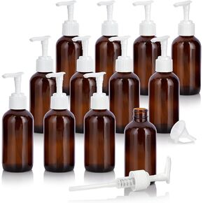 JUVITUS Amber 4 oz / 120 ml Boston Round PET Plastic Empty Bottles (BPA Free) with (12 pack, White Lotion Pump)