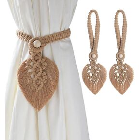 2 Pcs Boho Curtain Tiebacks,Curtain Ties, Curtain Tiebacks,Outdoor Curtain Tiebacks,Cotton Rope Curtain Ties with Adjustable Natural Wooden Bead (Beige)