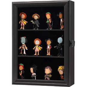 Action Figure Display Case Wall Mount - Wood Cabinet for Minifigures Action Figures - Lockable Metal Lock with Real Glass Door, for Mini Toys,Collections and Stone Rock Black