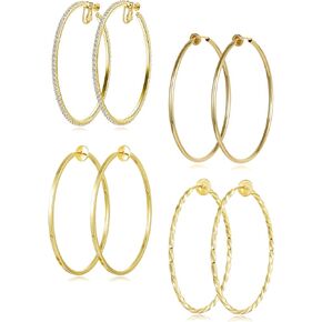 4 Pairs Clip on Hoop Earrings for Women CZ Twist Fake Hoop Earring Sets Spring Hoops for Non Pierced Ears Gold Tone 30/40/50/60/70mm