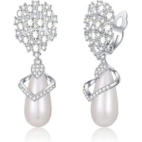 أقراط بمشبك للنساء/الفتيات/العرائس، أقراط بمشبك زركونيا مكعب على شكل دمعة وأقراط تشيكوسلوفاكيا مطلية بالذهب الأبيض عيار 14 قيراط للنساء in Kuwait