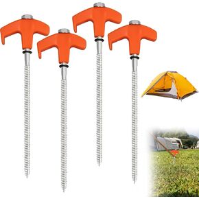 4Pcs Screw in Tent Stakes Heavy Duty, 8" Ground Stakes Ground Anchors Screw in, Metal Screw Tent Stakes Heavy Duty Tent Pegs, Ground Threaded Tent Spikes for Outdoor Camping (Orange)