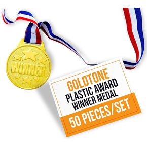 50 Piece Goldtone Plastic Award Winner Medal Set - Ideal for Sports, Games, Competitions, Rewards, Talent Shows, Parties, Party Favors, or Decor - Stylish Gold Medals with Ribbons for Kids