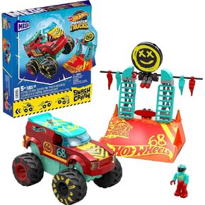 Mega Hot Wheels Monster Trucks Building Toy, Demo Derby Extreme Trick Course with 151 Pieces, 1 Micro Action Figure Driver, Red, Kids Age 5+ Years