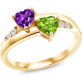 Gem Stone King 18K Yellow Gold Plated Silver Purple Amethyst Green Peridot and Lab Grown Diamond Ring For Women | 1.00 Cttw | Gemstone Birthstone | Heart 5MM | Size 5,6,7,8,9
