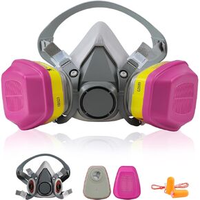 Filtered Half-Face Respirator 60923：Reusable Respiratory Protection Kit with Earplugs, Ideal for Spray Painting, Chemical Epoxy Resin, Construction Dust, Organic Vapors, Woodworking Sanding, Welding.