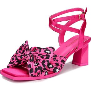 Bow Heels Sandals for Women Square Open Toe Satin Chunky Block Heel Ankle Strap Wedding Party Bowknot High Heels