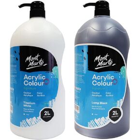 Mont Marte Discovery School Acrylic, Titanium White and Black, 1/2 Gallon (2 Liter). Ideal for Students and Artists. Excellent Coverage and Fast Drying. Pump Lid Included.