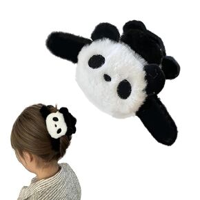 1-Pack Black Plush Panda Double-Sided Hair Claw Clip - Large Bear Hair Claw Clips - Cute Animal Hair Accessory - Fluffy Plush Bear Hair Catch Barrette Jaw Clamp for Women Girls，Clips and Barrettes