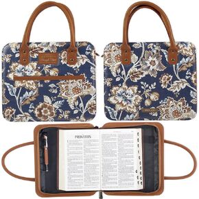 Christian Art Gifts Fashion Vegan Leather Purse Style Bible Cover Case for Women: All Things Through Christ Gold Inspirational Scripture, Pen Loops, Two Handles, Pockets, Navy & Brown Floral, Large