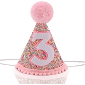 birthday hats for kids,Rainbow Birthday Party Decorations for Girls,Glitter Birthday Hat with Pink Pom Topper (3rd)