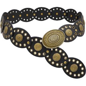 Oval Disc Belts for Women Wide Leather Concho Belt Boho Western Waist Belts for Dresses