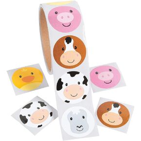 Face Farm Animal Stickers, 1 Roll with 100 Stickers - Party Favors and Classroom Handouts