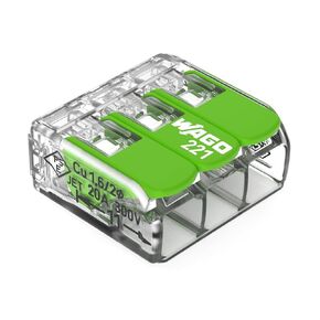 221-423 | WAGO Splicing Connector Green Range | for Solid, Stranded and fine-Stranded Conductors | 3-Conductor with levers | 24 – 12 AWG | Transparent housing | [50 Pieces]